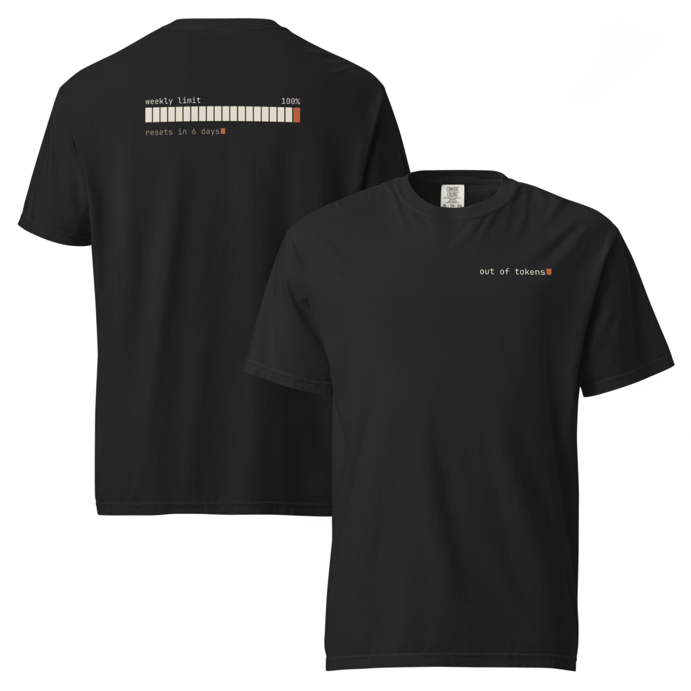 out of tokens tee, black, front and back shown together on ghost mannequins: small out of tokens chest print and the weekly limit 100% back print