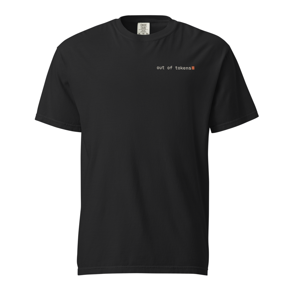 out of tokens tee, black, front chest print shown on a ghost mannequin