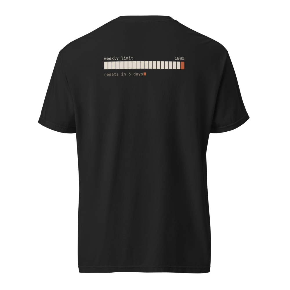 out of tokens tee, black, back print, a weekly limit bar at 100% reading resets in 6 days, shown on a ghost mannequin