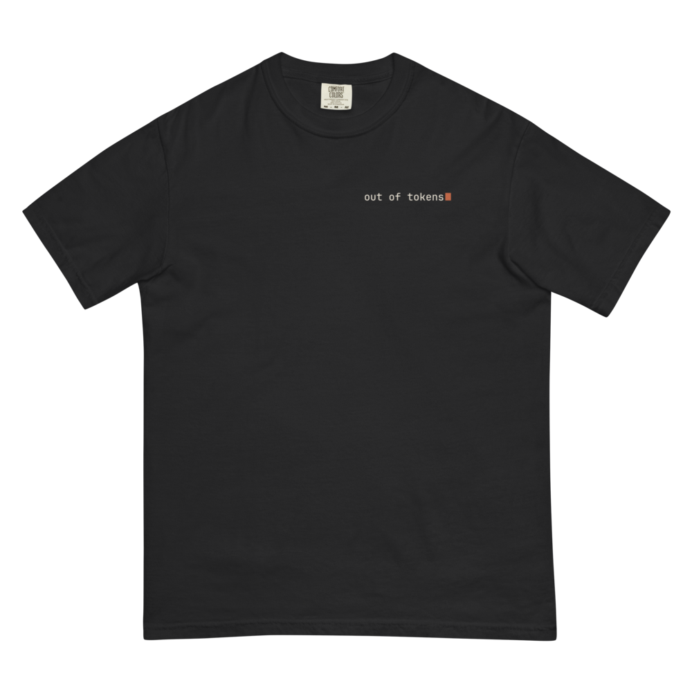 out of tokens tee, black, laid flat with the small out of tokens chest print facing up