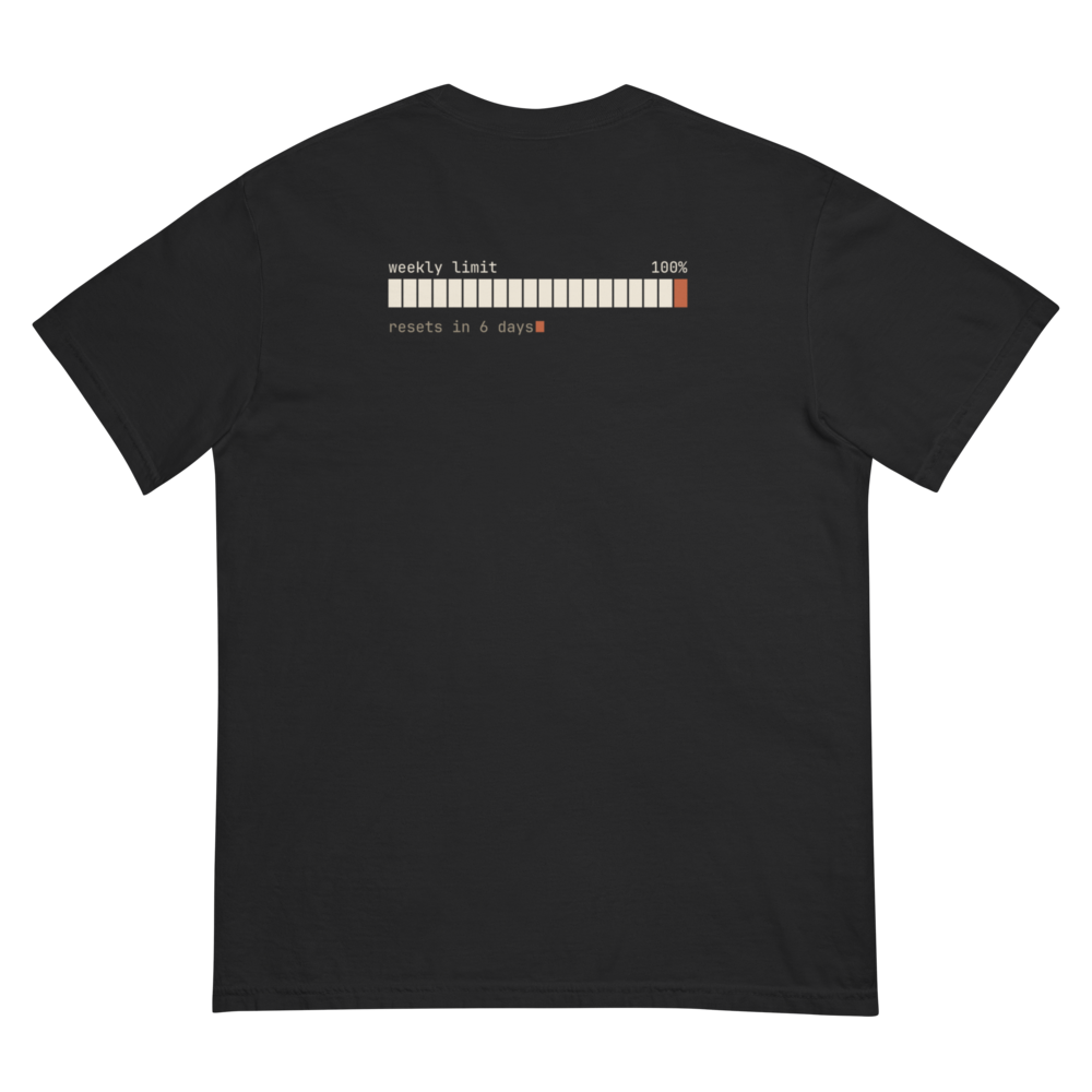 out of tokens tee, black, laid flat showing the weekly limit back print