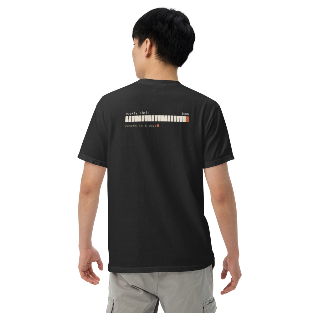 out of tokens tee, black, worn by a man, back view showing the weekly limit bar