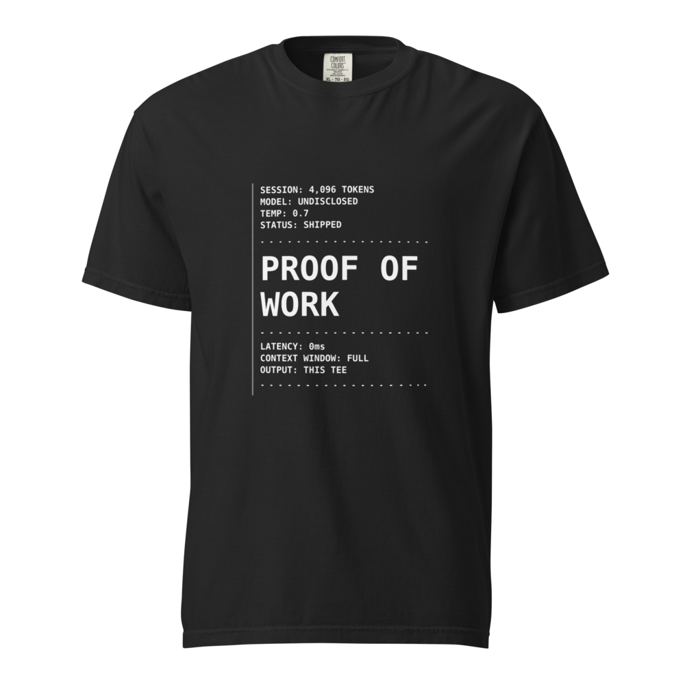 Vol. 01 PROOF OF WORK tee, black, front receipt print shown on a ghost mannequin