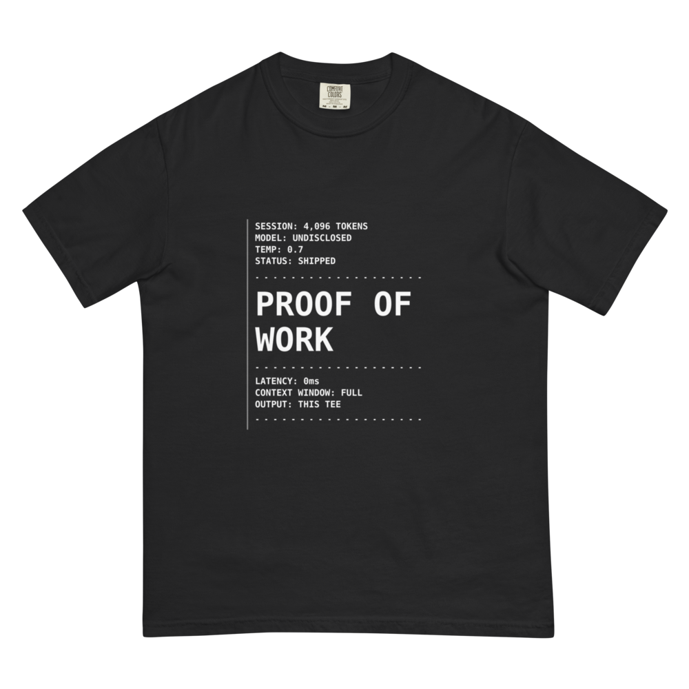 Vol. 01 PROOF OF WORK tee, black, laid flat with the front receipt print facing up