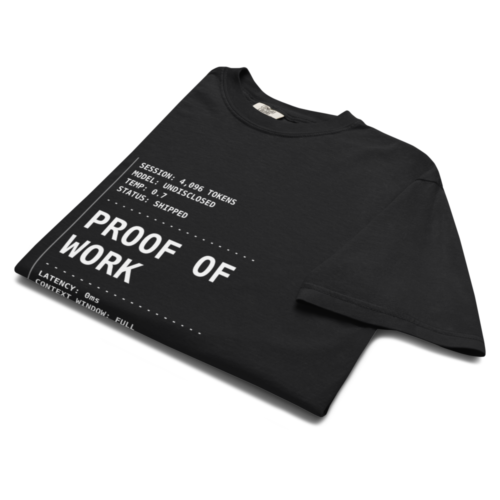 Vol. 01 PROOF OF WORK tee, black, folded with the print showing