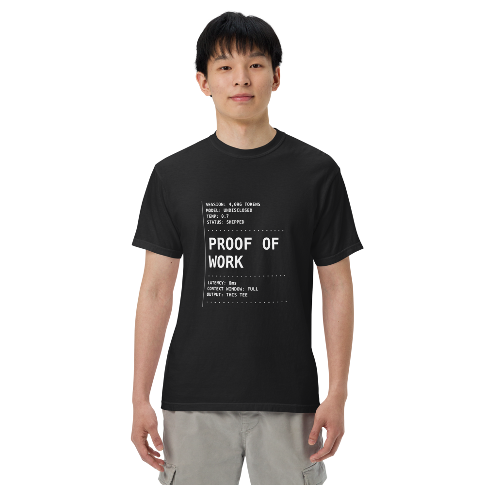 Vol. 01 PROOF OF WORK tee, black, worn by a man, front view