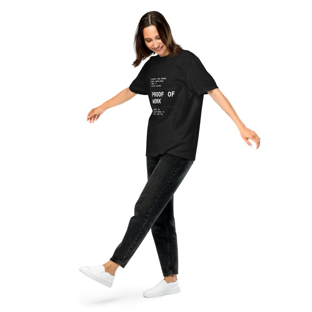 Vol. 01 PROOF OF WORK tee, black, worn by a woman, front view