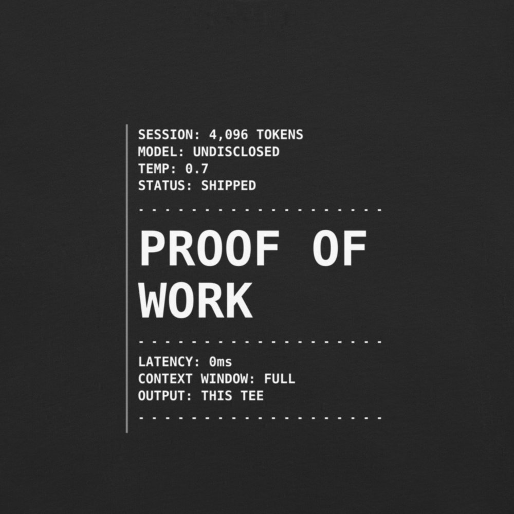 Vol. 01 PROOF OF WORK tee, black, close-up of the receipt-style front print in terminal type
