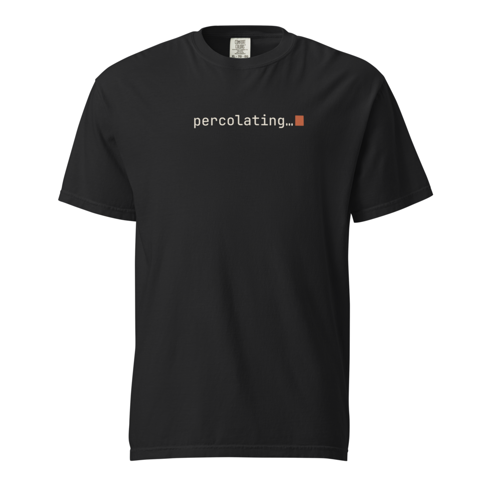 Vol. 02 percolating… tee, black, front chest print shown on a ghost mannequin
