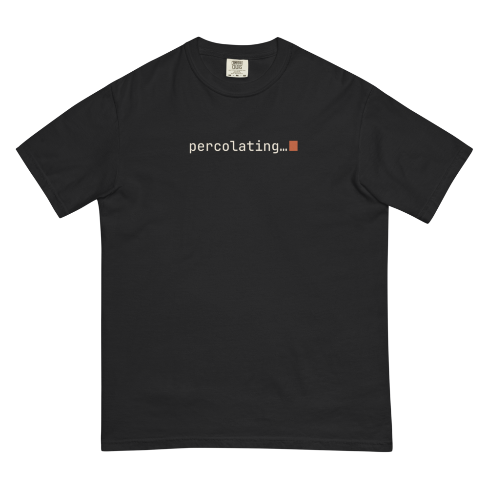Vol. 02 percolating… tee, black, laid flat with the chest print facing up