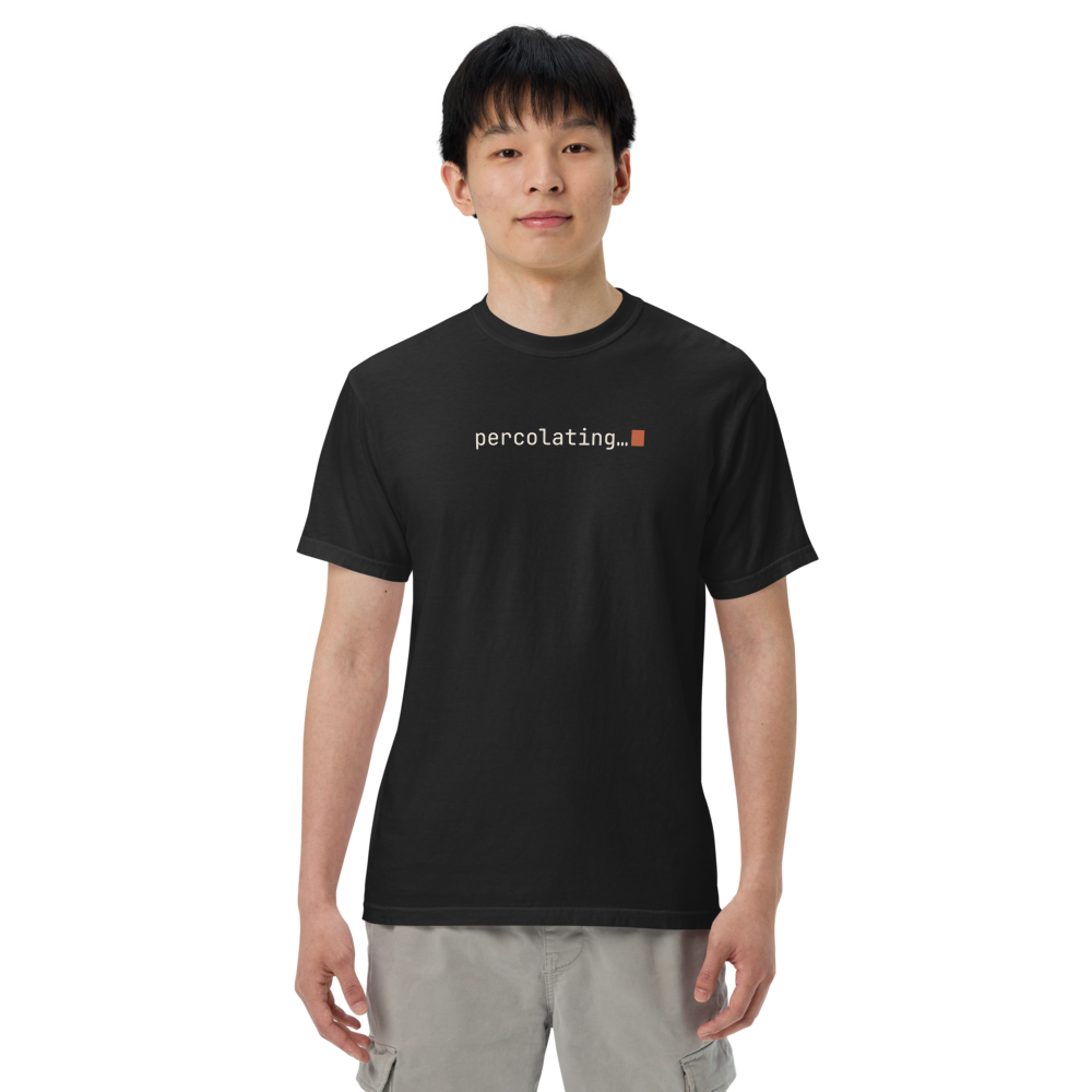 Vol. 02 percolating… tee, black, worn by a man, front view