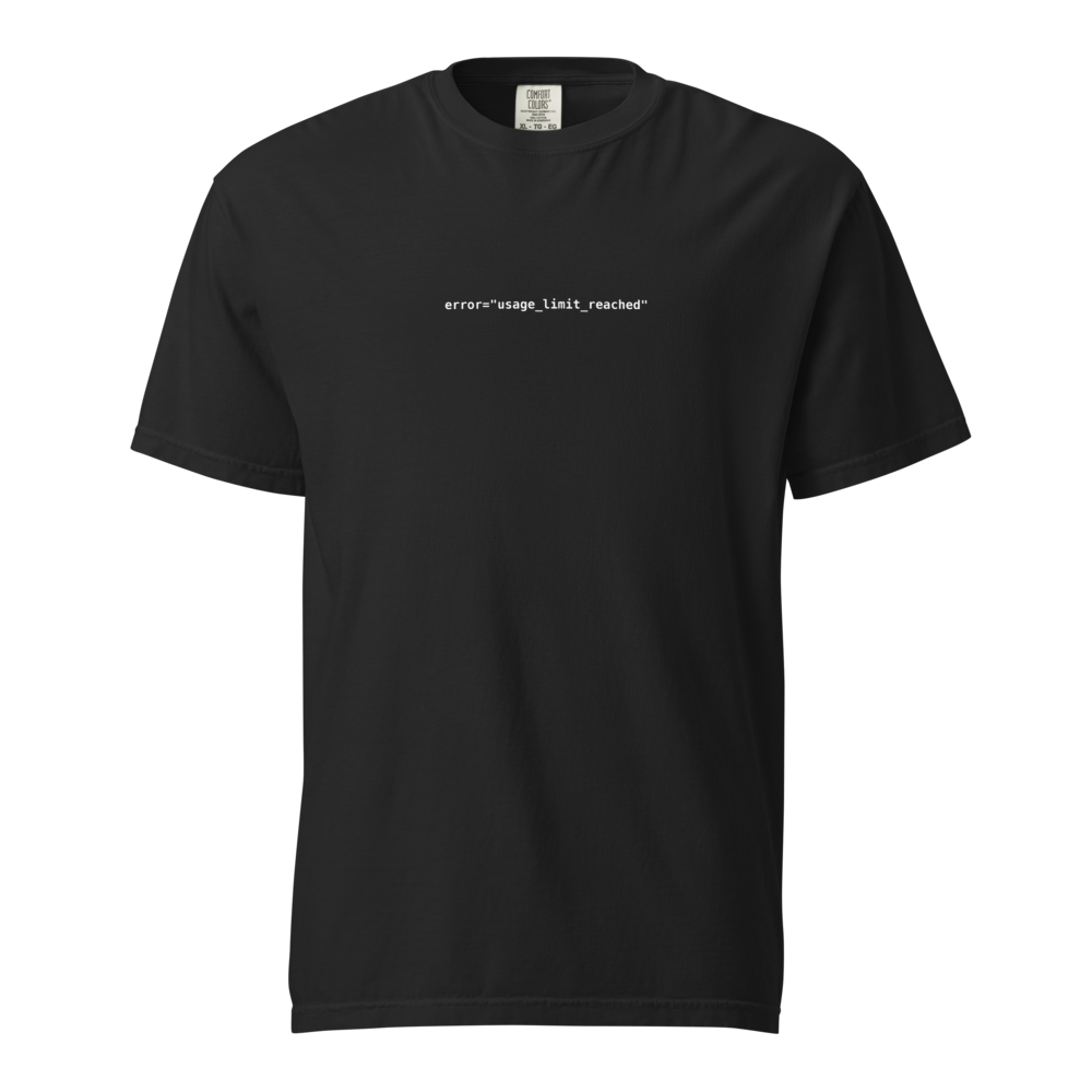 Vol. 03 USAGE LIMIT REACHED tee, black, front error-line print shown on a ghost mannequin