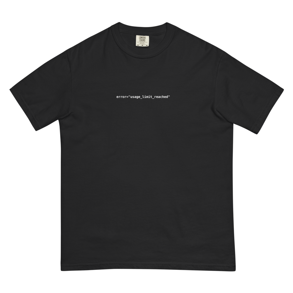 Vol. 03 USAGE LIMIT REACHED tee, black, laid flat with the chest print facing up
