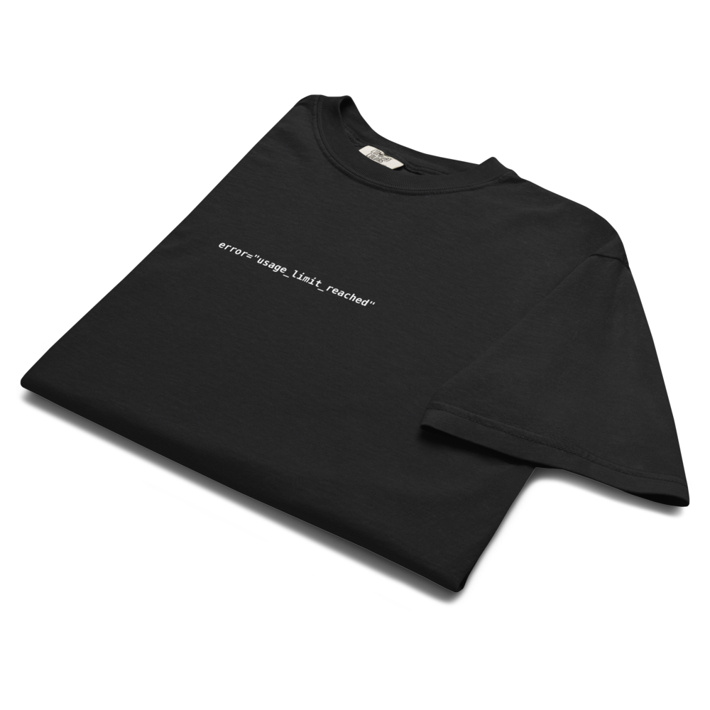 Vol. 03 USAGE LIMIT REACHED tee, black, folded with the print showing