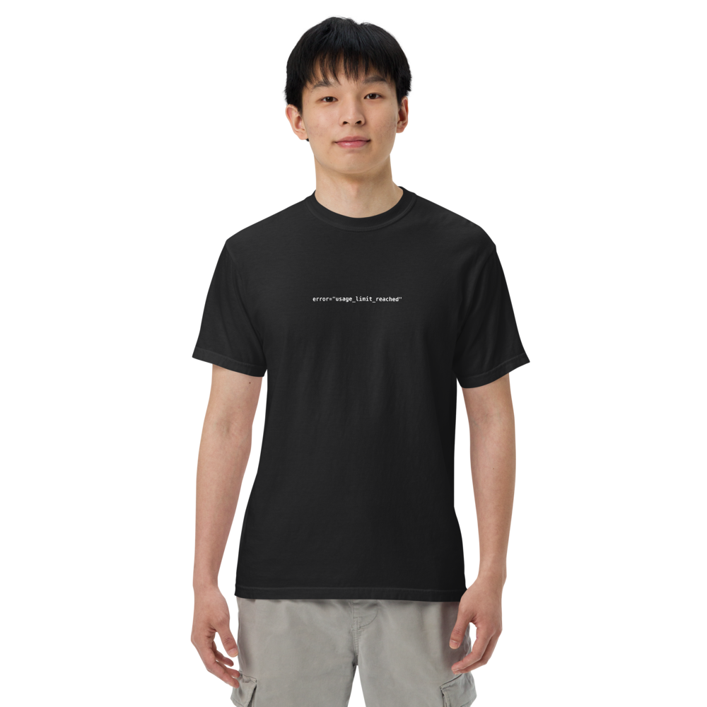 Vol. 03 USAGE LIMIT REACHED tee, black, worn by a man, front view