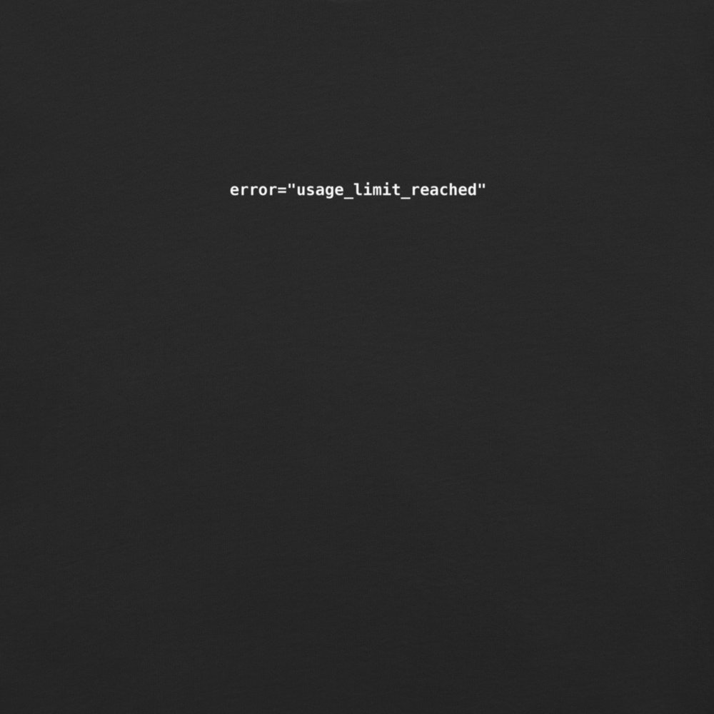 Vol. 03 USAGE LIMIT REACHED tee, black, close-up of the monospace error="usage_limit_reached" chest print